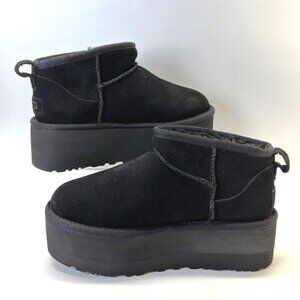 UGG Classic Ultra Mini Platform Boots Black Suede Winter Booties Women Size 9
